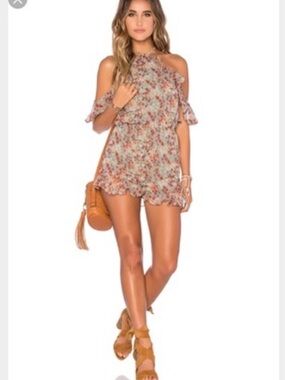Tularosa Floral Open-Back Ruffle Romper in Cream and Rust